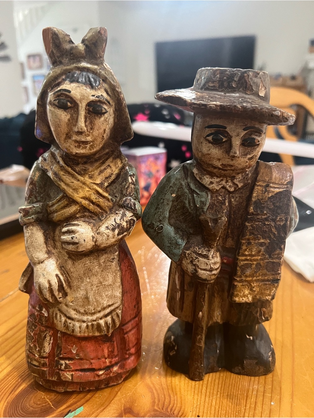 Hand-Painted Folk Art Couple Figurines - Rustic Red & Teal VINTAGE